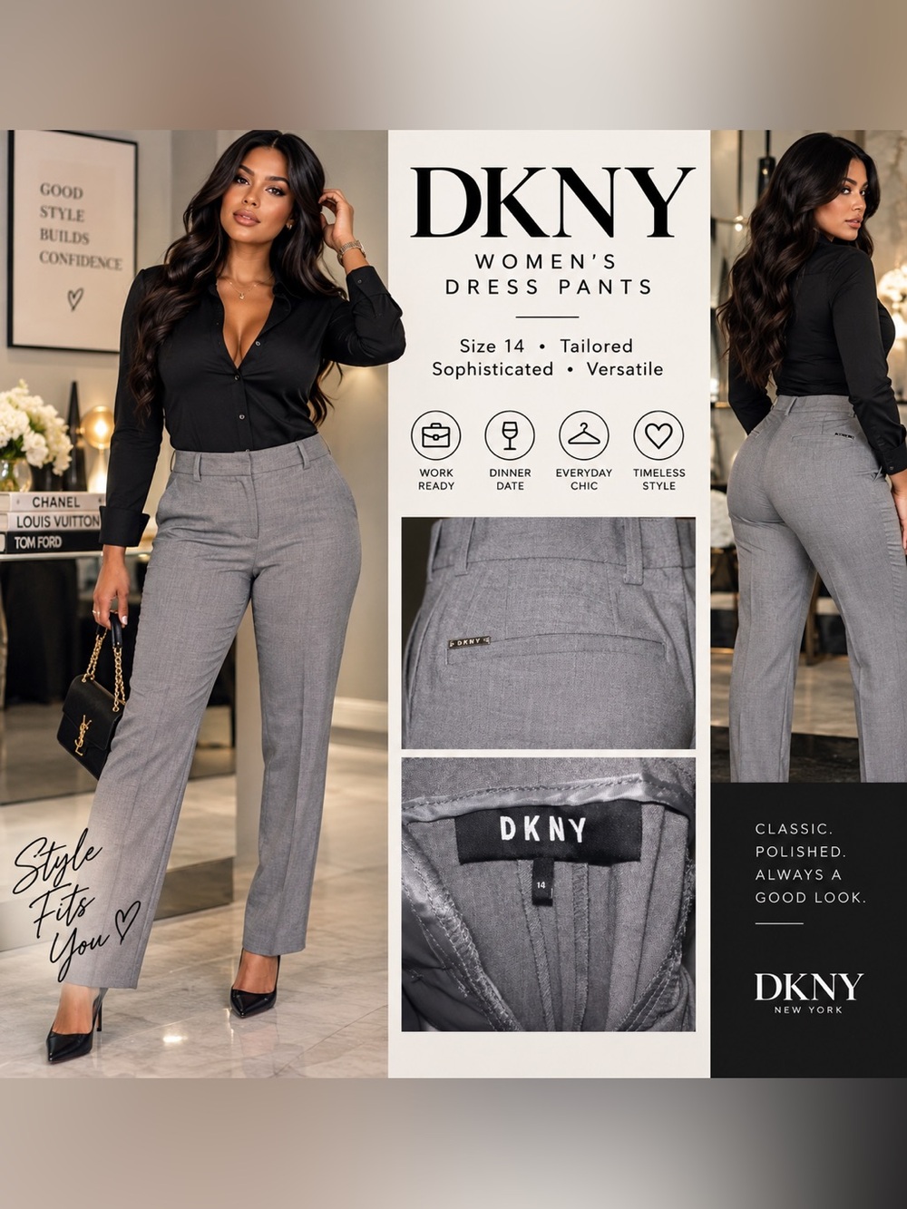 DKNY Women's Gray Dress Pants – Tailored Straight Leg size 14